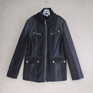 DKNY Jacket Womens L Black Zip Front Mixed Media Rib Collar Silver Zippers